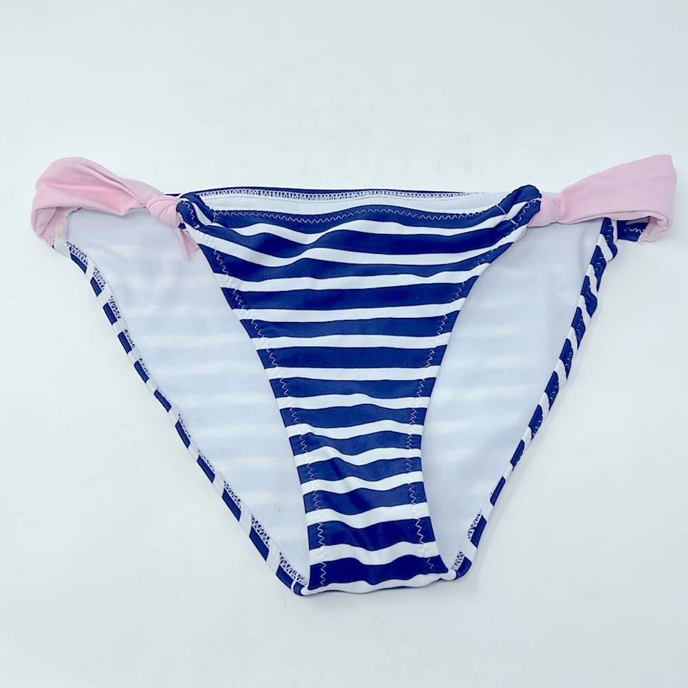 Blue White Striped Pink Straps Bikini Swim Bottoms Size Medium